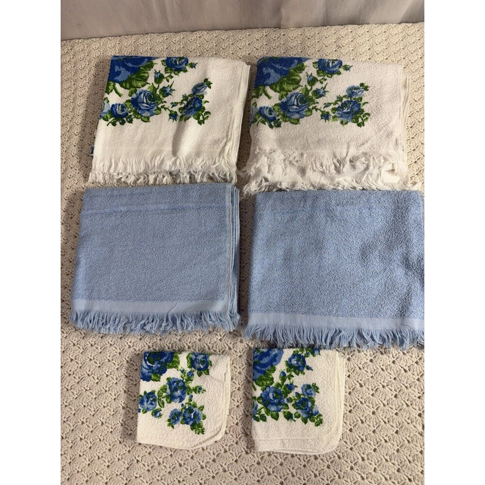 Vintage Blue Cannon Towels 6 Pc Floral Fringed USA 4 Towels 2 Washcloths NEW